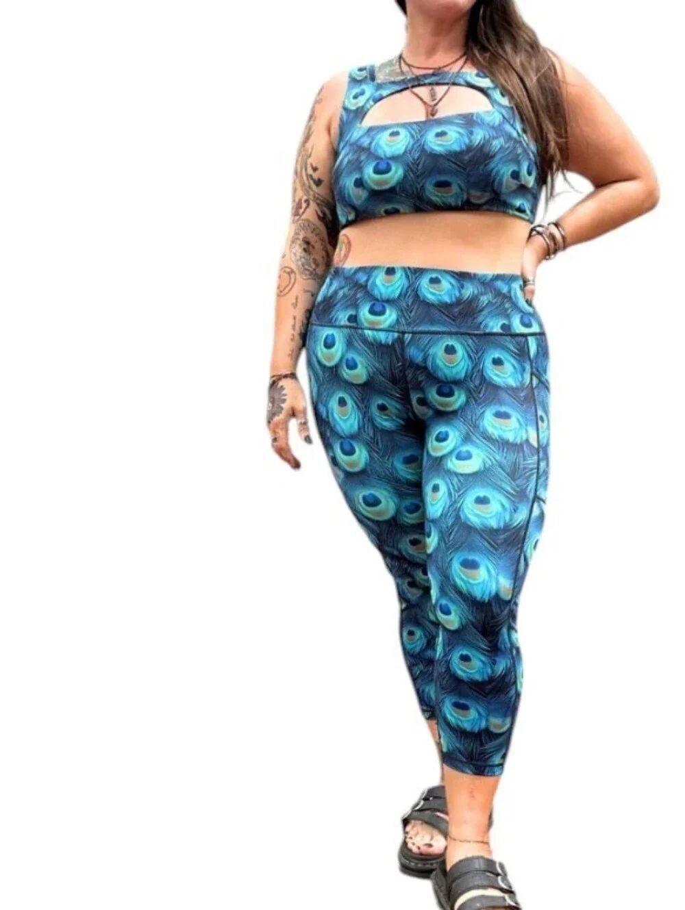 Constantly Varied Gear Majestic Leggings Peacock Print Pockets Blue Green XXL